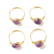 Natural Amethyst Oval Finger Rings, Copper Wire Wrapped Jewelry for Women, Golden, US Size 8 1/4(18.3mm)~US Size 8 3/4(18.7mm)(RJEW-JR00441-01)