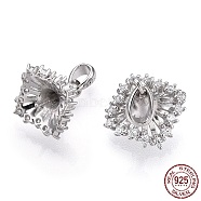 Rhodium Plated 925 Sterling Silver Micro Pave Cubic Zirconia Peg Bails, Flower Cup Peg Bails, For Half Drilled Beads, Nickel Free, with S925 Stamp, Real Platinum Plated, 15.5x9.5x9.5mm, Hole: 2x3mm, Pin: 0.7mm(STER-T004-53P)