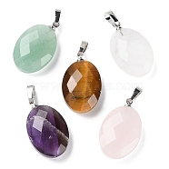 Natural Mixed Gemstone Pendants, Faceted Oval Charms with Platinum Plated Brass Snap on Bails, 21.8x13.4~13.5x6.2mm, Hole: 5.3x3.7mm(G-E603-03P)