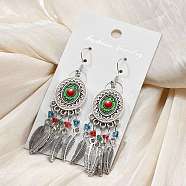 Oval & Feather Alloy Glass Chandelier Earrings, with Enamel, Antique Silver, 74x18.5mm(EJEW-G426-02AS)