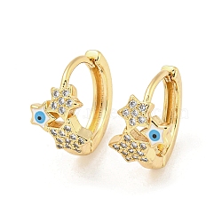 Star with Evil Eye Real 18K Gold Plated Brass Hoop Earrings, with Enamel and Clear Cubic Zirconia, White, 15.5x9.5mm(EJEW-L269-084G-01)