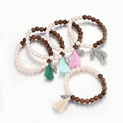 Cotton Thread Tassels Charm Stretch Bracelets, with Natural Pearl, Wood Beads and Tibetan Style Alloy Buddha Beads, Mixed Color, 2-1/4 inch(5.7cm)(BJEW-JB04110)