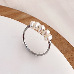 304 Stainless Steel with Natural Baroque Pearl Rondelle Beaded Finger Rings, Stainless Steel Color, US Size 7(17.3mm)(FS-WG39983-04)