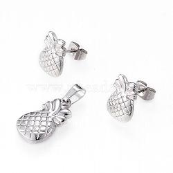 304 Stainless Steel Jewelry Sets, Pendants and Ear Studs, Pineapple, Stainless Steel Color, 18x11x3.5mm, Hole: 6x3mm; 13.5x9x2mm; Pin: 0.8mm(SJEW-P079-35P)