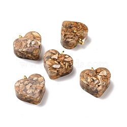 Transparent Resin Natural Imperial Jasper Dyed Chips Pendants, with Golden Tone Brass Loops, Heart Charm, Peru, 16.5x15.5x6~6.5mm, Hole: 2mm(G-E185-12G-04)