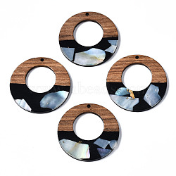 Opaque Resin & Walnut Wood Pendants, with Shell Chips, Two Tone, Donut, Black, 38x3mm, Hole: 2mm(X-RESI-T035-20-B01)