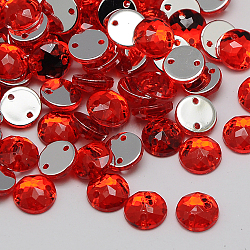 Sew on Rhinestone, Taiwan Acrylic Rhinestone, Two Holes, Garments Accessories, Faceted, Half Round/Dome, Red, 10x4mm, Hole: 1mm(ACRT-M008-10mm-03)