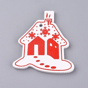 Platane Wood Pendants, House with Snowflake, for Christmas, Dyed, White, 50x46x2.5mm, Hole: 2.5mm