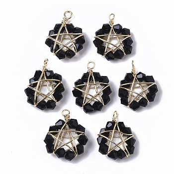Glass Pendants, Wire Wrapped Pendants, with Real 18K Gold Plated Brass Wires, Nickel Free, Star, Black, 15.5x13x6mm, Hole: 1.6mm