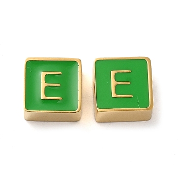 304 Stainless Steel Enamel Beads, Real 14K Gold Plated, Square with Letter, Letter E, 8x8x4mm, Hole: 2mm