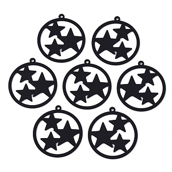 Spray Painted Alloy Pendants, Cadmium Free & Nickel Free & Lead Free, Flat Round with Star, Black, 34x31x1.5mm, Hole: 1.6mm