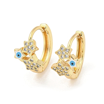 Star with Evil Eye Real 18K Gold Plated Brass Hoop Earrings, with Enamel and Clear Cubic Zirconia, White, 15.5x9.5mm
