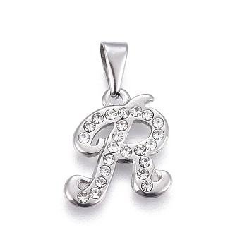 304 Stainless Steel Pendants, with Rhinestone, Letter, Letter.R, 19x16.5x2mm, Hole: 3~3.5x7.5~8mm