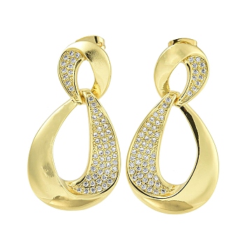 Teardrop Brass Clear Cubic Zirconia Dangle Stud Earrings, Lead Free & Cadmium Free, Real 18K Gold Plated, 33x19.5mm