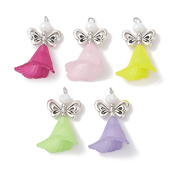 Acrylic Glass Beads Pendants, with Alloy Loops, Angel & Flower, Mixed Color, 31x18x18mm, Hole: 2.5mm