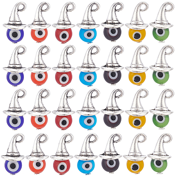 Elite Alloy Pendants, with Handmade Evil Eye Lampwork Round Bead and Tibetan Style Alloy Charms, Witch Hat, Colorful, 19x11x11mm, Hole: 2mm, 7pcs/set, 10 sets/box