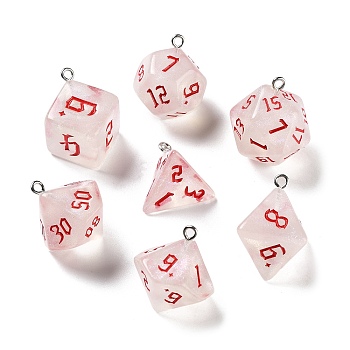 7Pcs 7 Styles Transparent Resin Polyhedral Dice Pendants Set, Multi-Sided Dice Charms with Platinum Plated Iron Loops, Mixed Shapes, Red, 20~28x19~24x17~24mm, Hole: 2mm, 1pc/style