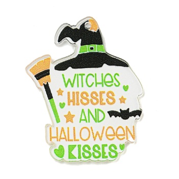 Halloween Themed Double-sided Printed Acrylic Pendants, Word & Hat, Lime, 39.5x31x2mm, Hole: 1.6mm