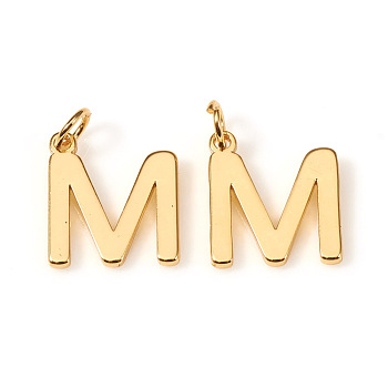 Brass Charms, with Jump Rings, Letter, Real 18K Gold Plated, Letter.M, M: 10x9x1mm, Hole: 2.5mm