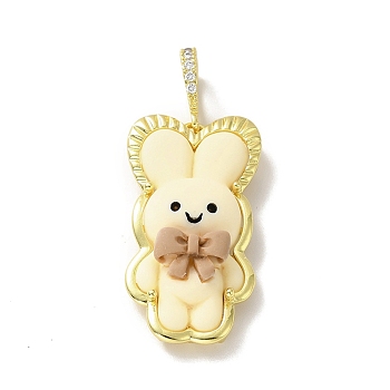 Opaque Resin Pendants, Large Hole Pendant, with Real 18K Gold Plated Brass Findings & Clear Cubic Zirconia, Cadmium Free & Lead Free, Rabbit with Peru Bowknot, Light Yellow, 34.5x19x8mm, Hole: 4.5x7mm