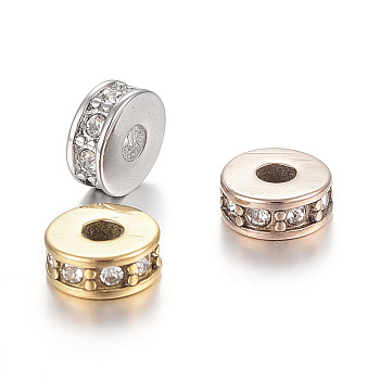 304 Stainless Steel Bead Spacers, with Rhinestone, Flat Round, Mixed Color, 7x3mm, Hole: 2.5mm