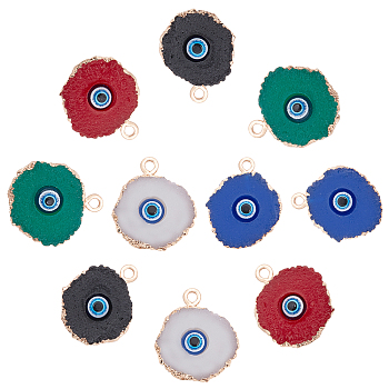 Druzy Resin Pendants, with Edge Light Gold Plated Iron Loops, Flat Round with Evil Eye, Mixed Color, 20~23x17~18x5mm, Hole: 1.8mm, 10pcs/box