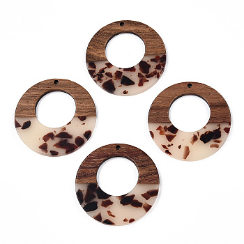 Transparent Resin & Walnut Wood Pendants, Donut Charms, Old Lace, 38x3mm, Hole: 2mm