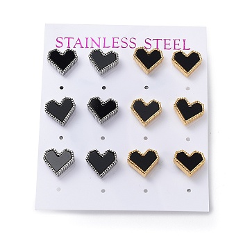 6 Pair 2 Color Heart Acrylic Stud Earrings, Golden & Stainless Steel Color 304 Stainless Steel Earrings, Black, 10x11mm, 3 Pair/color
