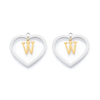 201 Stainless Steel Pendants, Hollow, Heart with Letter A~Z, Real Gold Plated & Stainless Steel Color, Letter.W, 29x29.5x1mm, Hole: 2mm, A~Z: 12x8~10.5x1mm