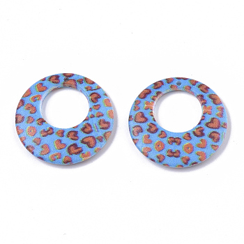 Double Opaque Spray Painted Acrylic Pendants, Flat Round with Leopard Print Pattern, Deep Sky Blue, 25x3.5mm, Hole: 1.2mm