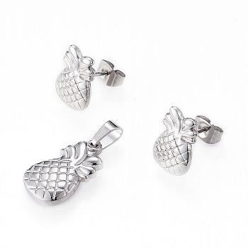 304 Stainless Steel Jewelry Sets, Pendants and Ear Studs, Pineapple, Stainless Steel Color, 18x11x3.5mm, Hole: 6x3mm, 13.5x9x2mm, Pin: 0.8mm