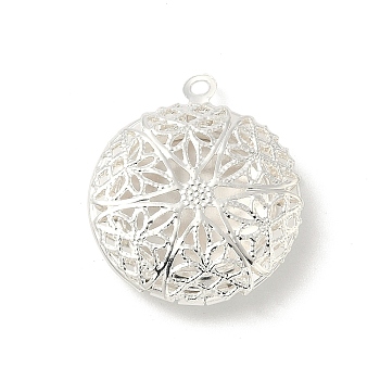 Flat Round Brass Hollow Locket Pendants, Flower Charms, Rack Plating, Long-Lasting Plated, Lead Free & Cadmium Free, 925 Sterling Silver Plated, 23.5x20x5.5mm, Hole: 1.5mm, Inner Diameter: 14mm
