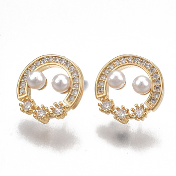 Brass Stud Earring Findings, with Loop, ABS Plastic Imitation Pearl and Cubic Zirconia, Real 18K Gold Plated, Clear, 12mm, Hole: 1mm, Pin: 0.8mm