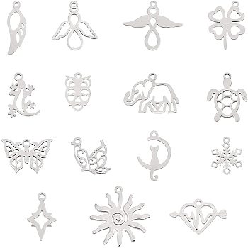 201 Stainless Steel Pendants, Mixed Shapes, Stainless Steel Color, 74x72x17mm, 15pcs/box