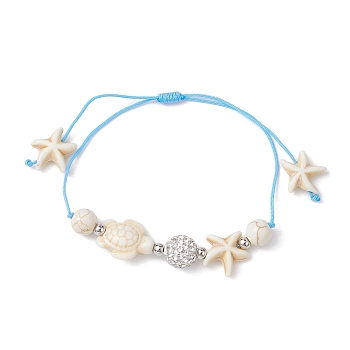 Starfish & Turtle Synthetic Turquoise(Dyed & Heated)  and Magnesite Braided Bead Bracelets, Adjustable Polymer Clay Rhinestone Nylon Thread Bracelets for Women, Inner Diameter: 3/4~3-1/8 inch(2~8cm)