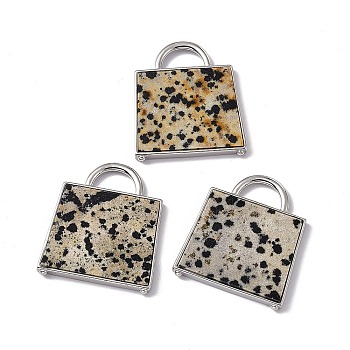 Natural Dalmatian Jasper Pendants, Handbag Charms, with Rack Plating Platinum Tone Brass Findings, Cadmium Free & Lead Free, 34x29.5x3mm, Hole: 6x11mm
