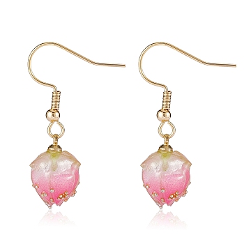 3D Resin Flower Dangle Earrings, Real 18K Gold Plated 304 Stainless Steel Jewelry for Women, Hot Pink, 31mm, Pin: 0.7mm