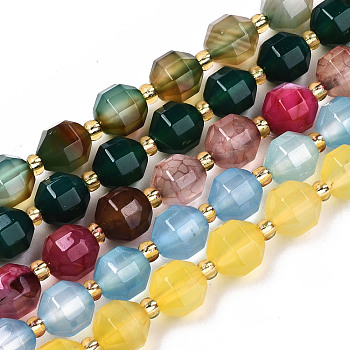 Natural Agate Beads Strands, Faceted, with Seed Beads, Dyed, Round, Mixed Color, 8x7.5mm, Hole: 1.2mm, Beads: 3.5x2mm, about 34pcs/strand, 15.35 inch(39cm)