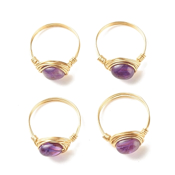 Natural Amethyst Oval Finger Rings, Copper Wire Wrapped Jewelry for Women, Golden, US Size 8 1/4(18.3mm)~US Size 8 3/4(18.7mm)