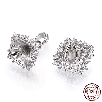 Rhodium Plated 925 Sterling Silver Micro Pave Cubic Zirconia Peg Bails, Flower Cup Peg Bails, For Half Drilled Beads, Nickel Free, with S925 Stamp, Real Platinum Plated, 15.5x9.5x9.5mm, Hole: 2x3mm, Pin: 0.7mm