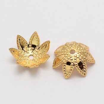 Multi-Petal Flower Brass Fancy Bead Caps, Cadmium Free & Nickel Free & Lead Free, Real 18K Gold Plated, 9x4mm, Hole: 1mm