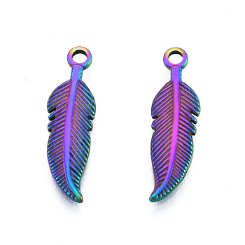 Ion Plating(IP) 201 Stainless Steel Pendants, Feather, Rainbow Color, 21.5x18x1.5mm, Hole: 2mm