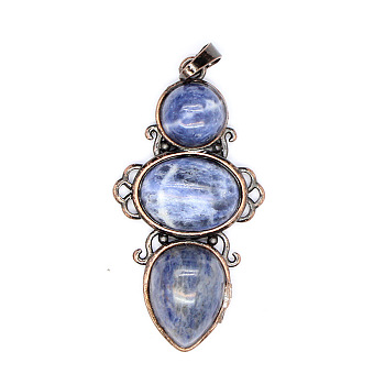 Retro Natural Sodalite Pendants, Bees Pendants, with Red Copper Metal Finding, 47x24mm