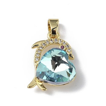 Real 18K Gold Plated Rack Plating Brass Micro Pave Clear Cubic Zirconia Pendants, with Glass, Long-Lasting Plated, Cadmium Free & Lead Free, Dolphin with Heart Charm, Pale Turquoise, 20.5x17x8mm, Hole: 5.5x3.5mm