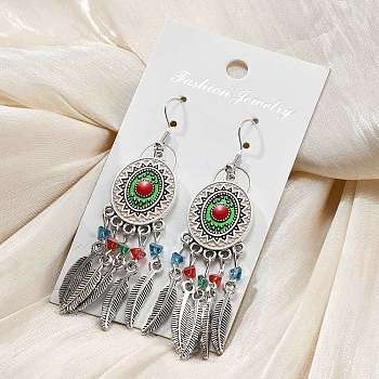 Oval & Feather Alloy Glass Chandelier Earrings, with Enamel, Antique Silver, 74x18.5mm