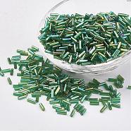 Glass Bugle Beads, Transparent Colours Rainbow, Lime Green, 9x2mm, Hole: 0.5mm, about 7000pcs/bag(SEED-E001-9mm-167)