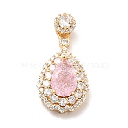 Brass Micro Pave Clear Cubic Zirconia Pendants, with Faceted Glass, Teardrop, Real 18K Gold Plated, Pink, 32.5mm, Hole: 3.5x2.5mm(KK-I695-002G-02)