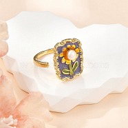 Flower Pattern Brass Enamel & Natural Freshwater Pearl Open Cuff Rings for Women, Golden, Rectangle, Rectangle: 19x14.5mm, Inner Diameter: Adjustable(RJEW-G342-01G-01)