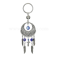 Handmade Lampwork Evil Eye Pendant Keychain, with 304 Stainless Steel Split Key Rings & Alloy Findings, Flat Round with Feather, Cross, 14cm(KEYC-JKC00535-01)