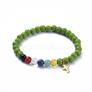 Salvation Bracelet, Stretch Charm Bracelets, with Synthetic Turquoise(Dyed) Beads, Natural Gemstone Beads and 304 Stainless Steel Cross Charms, Round, Lime Green, Inner Diameter: 2 inch(5cm), Bead: 6~6.5mm(BJEW-JB05208-01)